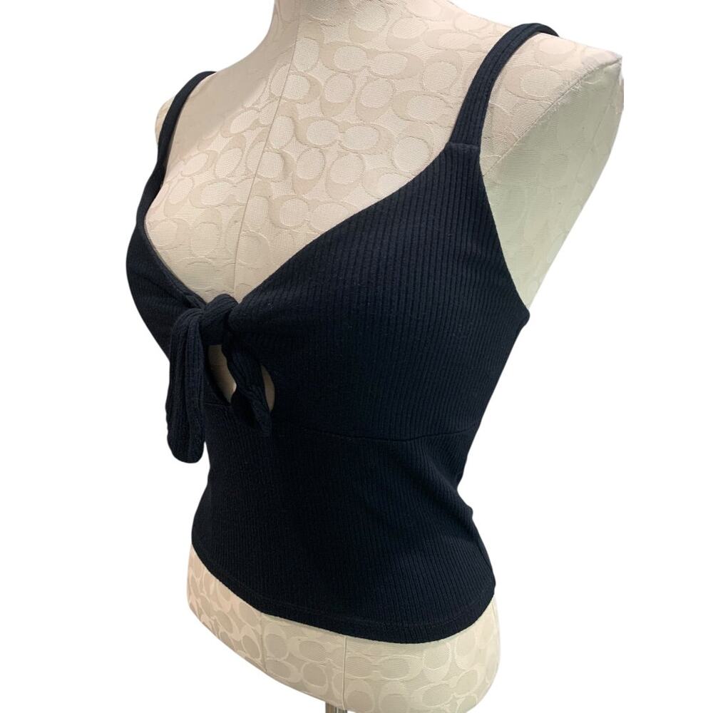 Large Forever 21 Crop Tank Top Shirt Womens Black Ribbed Tie Front - Picture 3 of 8
